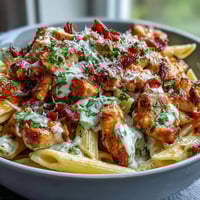 Creamy Crockpot Mississippi Chicken Pasta in a rich, tangy sauce with tender shredded chicken and penne noodles.