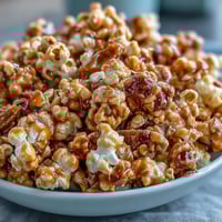 Caramel Candy Apple Popcorn Mix with dried apples and colorful candies in a festive bowl.