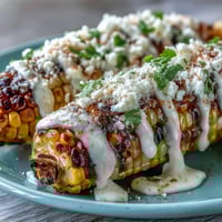 Vibrant elote-style corn on the cob with creamy sauce, Cotija cheese, chili, and lime, ready in minutes.