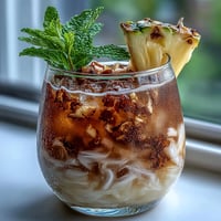 Two tall glasses filled with vibrant yellow Pineapple Coconut Agua Fresca, garnished with fresh mint and pineapple wedges, served over ice cubes on a bright summer table.