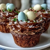Moist Easter Nest Cupcakes topped with fluffy chocolate buttercream, filled with candy eggs.