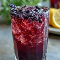 A beautiful Blackberry Lavender Lemonade Fizz garnished with fresh berries and flowers.