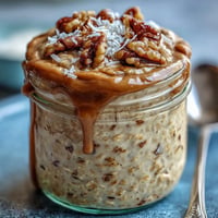Creamy Carrot Cake Overnight Oats garnished with walnuts and a maple drizzle.