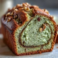 Golden brown matcha swirl banana bread sliced, showcasing vibrant green swirls.