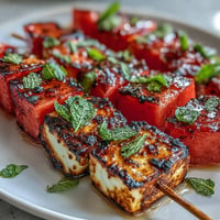 Grilled Halloumi and Watermelon Skewers, a smoky, sweet summer appetizer with fresh mint.