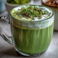 Creamy matcha oat milk latte, smoothly frothed with vibrant natural green color.